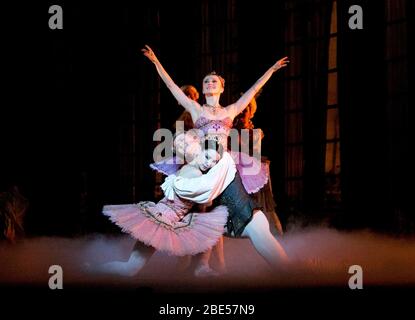 Tamara Rojo (Princesse Aurora), Vadim Muntagirov (Prince Desire), Daria Klimentova (Lilac Fairy) dans LA BEAUTÉ DU SOMMEIL présentée par English National Ballet en 2012 musique: Tchaikovsky chorégraphie: MacMillan après Petipa set design: Peter Farmer costumes: Nicholas Georgiadis Banque D'Images