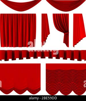 Rideaux rouges. Décoration réaliste sur scène, rideaux luxueux rouges spectaculaires. Jeu d'illustrations vectorielles pour rideaux en velours de soie à motif écarlate Illustration de Vecteur