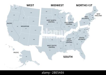 États-Unis divisés en régions et divisions du recensement, carte grise. Définition de région utilisée pour la collecte et l'analyse des données. Banque D'Images