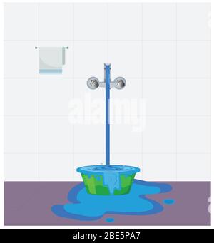 Le gaspillage d'eau du robinet. Le thème du gaspillage d'eau pour économiser l'eau. Répandre de l'eau sur le sol depuis le godet à trou. Illustration de Vecteur