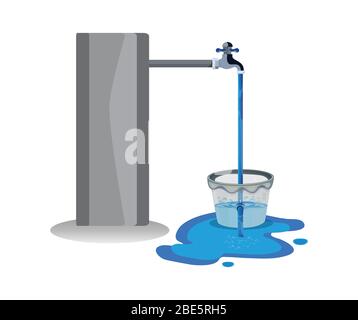 Le gaspillage d'eau du robinet. Le thème du gaspillage d'eau pour économiser l'eau. Répandre de l'eau sur le sol depuis le godet à trou. Illustration de Vecteur