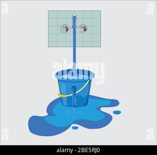 Le gaspillage d'eau du robinet. Le thème du gaspillage d'eau pour économiser l'eau. Répandre de l'eau sur le sol depuis le godet à trou. Illustration de Vecteur