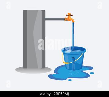 Le gaspillage d'eau du robinet. Le thème du gaspillage d'eau pour économiser l'eau. Répandre de l'eau sur le sol depuis le godet à trou. Illustration de Vecteur