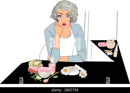 femmes debout dans la cuisine portant un tablier blanc Illustration de Vecteur