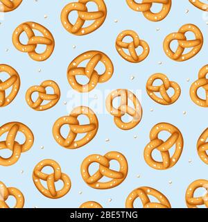 Motif vectoriel sans couture avec bretzels sur fond bleu. Illustration de Vecteur