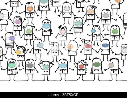 Groupe de personnes tracées à la main portant des masques de protection colorés faits maison Illustration de Vecteur