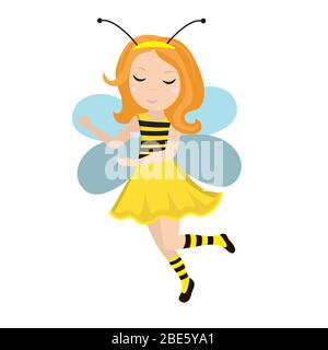 Jolie petite fille icône abeille dans un style plat et animé. Abeille de costume de carnaval de bébé. Isolé sur fond blanc. Illustration. Banque D'Images