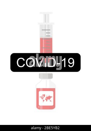 Texte, seringue et vaccin Covid en arrière-plan. Vaccin contre le virus corona, code VD-19. Llastration vectorielle Illustration de Vecteur