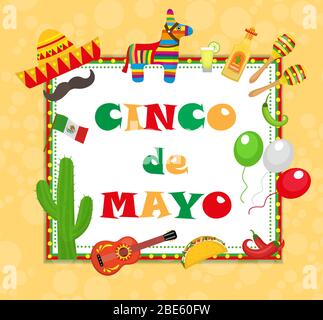 Carte de vœux Cinco de Mayo, modèle pour flyer, poster, invitation. Célébration mexicaine avec symboles traditionnels. Illustration. Banque D'Images