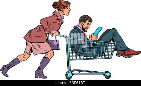 Femme avec un homme dans un panier dans un supermarché Illustration de Vecteur