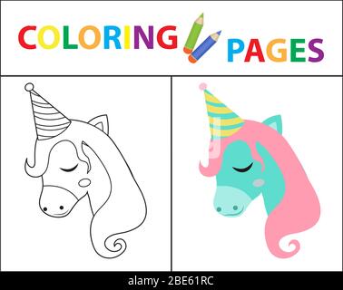 Page de livre de coloriage pour les enfants. Anniversaire unicorn. Esquisse de contour et de couleur. Éducation des enfants. Illustration. Banque D'Images