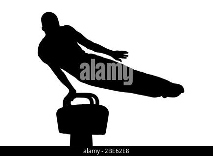 exercice de gymnastique d'athlète sur le cheval de pommel. silhouette noire isolée Banque D'Images