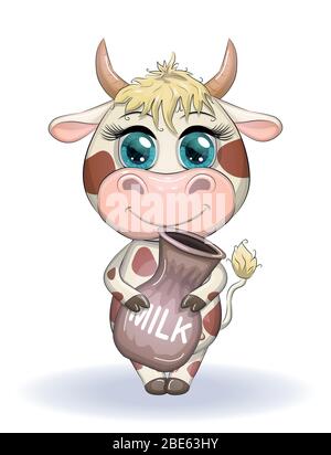 Mignonne vache de dessin animé, taureau avec un pichet de lait, symbole 2021 sur le calendrier oriental Illustration de Vecteur