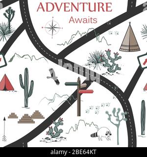 Routes, montagnes et cactus Adventure Seamless Pattern. USA paysages arrière-plan. Motif imprimé, tapisserie ou affiche avec symboles américains. Vecteur Illustration de Vecteur