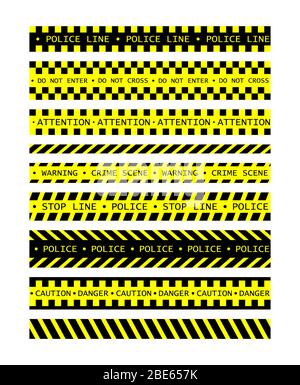 Bande de police avertissement danger isolé ensemble. Barricade tape, ne pas traverser la ligne de scène de crime, la police officielle jaune ruban de scène de crime. Vector Illustration de Vecteur