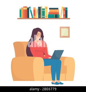 Femme assise sur chaise avec ordinateur portable. Fille avec ordinateur portable faisant le travail à distance. Illustration du concept de travail indépendant en ligne. Travailler à domicile. Moderne plat Illustration de Vecteur