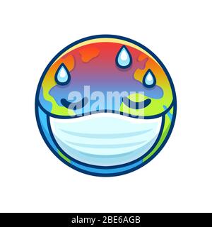 Terre malade dans le masque de visage ayant de la fièvre avec des gouttes de sueur. Dessin de personnage de la bande dessinée pandémique mondiale. Illustration d'un clip vectoriel isolé. Illustration de Vecteur