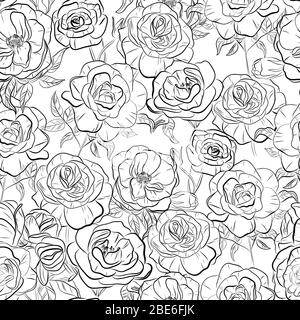 Motif fleuri vectoriel sans couture. Fond noir et blanc avec grandes fleurs de rose dessinées à la main. Concept de conception pour le tissu, imprimé textile Illustration de Vecteur