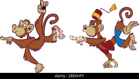 Scénario caricature clip art illustration jeu de deux mascottes de singe en colère, un sauvage, un domestiqué en costume, un pendaison et pointage, un saut et Illustration de Vecteur