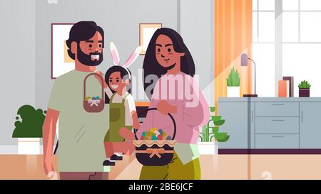 famille tenant des paniers avec des œufs célébrant heureux vacances de pâques parents et enfants portant un masque pour empêcher le coronavirus moderne salon intérieur horizontal portrait illustration vectorielle Illustration de Vecteur