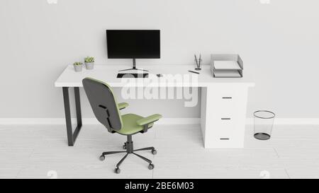 Bureau avec un ordinateur, des papiers, des stylos et des plantes de cactus. Concept de bureau à domicile. Rendu 3D.