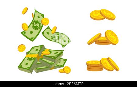 Argent de poche, pile argent pièce plate dessin animé, petit ensemble. Tas de pièces d'or, chute de la devise bancaire, voler. Des centaines de dollars de paquet en espèces, de la facture verte de pluie. Billets emballés. Illustration vectorielle isolée Illustration de Vecteur