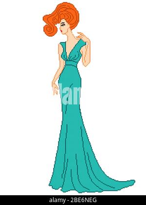 Résumé de l'élégante dame en turquoise robe longue avec yeux fermés, couleur pixelated illustration, peut être utilisé dans la broderie Illustration de Vecteur