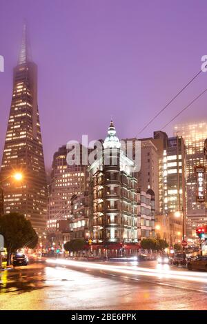 San Francisco, Californie, États-Unis - Columbus Avenue avec Sentinel Building et Transamerica Pyramid Building. Banque D'Images