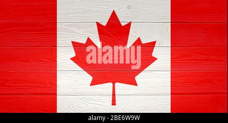 Drapeau du Canada peint sur fond de planche de bois ancien. Lumière naturelle brossée texture planche à rabotage en bois nouée. Texture en bois drapeau de fond du Canada Banque D'Images