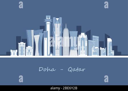 Paysage urbain de Doha avec gratte-ciel et illustrations vectorielles de sites touristiques. Capitale de l'État du Qatar. Illustration de Vecteur