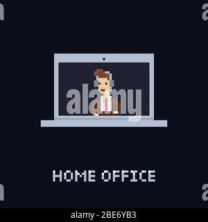 Illustration d'art Vector pixel - jeune employé de bureau de sexe masculin portant un costume, une cravate et un casque lors d'une conférence téléphonique vidéo. Illustration de Vecteur