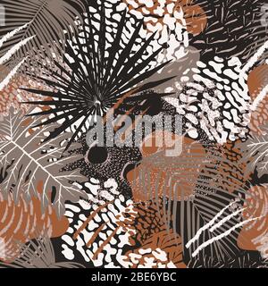 Les feuilles tropicales et les oiseaux dépluchent l'illustration vectorielle de modèle sans couture. Imprimé couleurs de terre pour animaux et plantes. Illustration de Vecteur