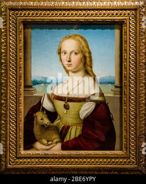 Licorne Lady, portrait de la jeune femme à l'Unicorn, peinture Renaissance de Raffaello Sanzio da Urbino (Raphaël), Galleria Borghese, Rome, Italie. Banque D'Images