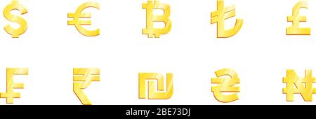 Grand jeu de symboles or en monnaie mondiale. Principales devises dollar euro livre lire roupie franche shekel naira hryvna bitcoin. Illustration de la banque de change. Vecteur de bourse de signe financier. Illustration de Vecteur