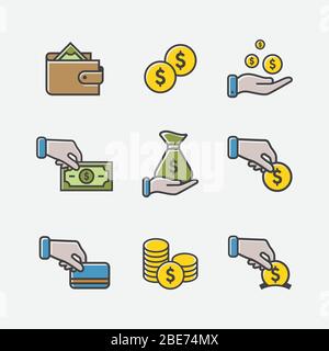 Pack d'icônes tendance pour les concepteurs et les développeurs. Icônes pour l'argent, l'investissement, la finance, la banque, l'assurance, le financement et le paiement, pour les sites Web et les sites Web mobiles et applications. Illustration de Vecteur