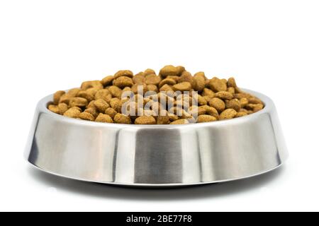 Nourriture complète pour chien sur un fond blanc avec un chemin de découpe pour le design de magasin d'animaux de compagnie. Aliments biologiques pour le chien ou le chat avec saveur de viande. Banque D'Images