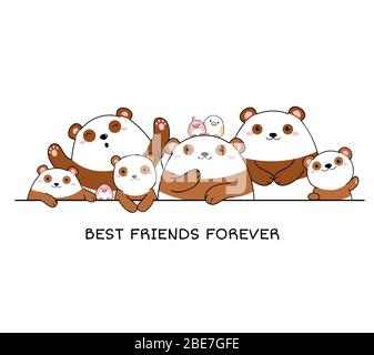 Meilleurs amis pour toujours. Bordure horizontale avec de jolis pandas dans le style kawaii. Isolé sur fond blanc. Illustration vectorielle pour la conception de t-shirt, pos Illustration de Vecteur