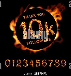 Merci à 10 000 abonnés. Conception incendie. Carte d'illustration vectorielle sur fond noir. Illustration de Vecteur