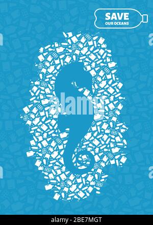 Arrêter l'illustration du concept de pollution plastique de l'océan. Silhouette de poisson marin Seahorse coupée dans un patch d'icône en plastique à plat. Problème environnemental mondial, prévenir le concept écologique de la pollution des océans. Banque D'Images