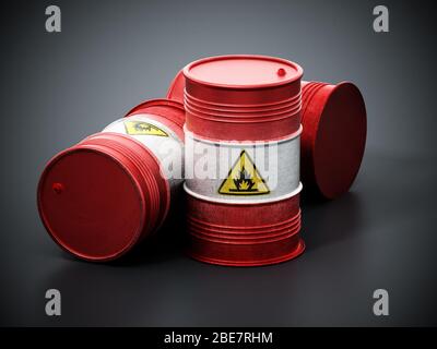Vieux fûts avec symbole inflammable sur fond noir. Illustration tridimensionnelle. Banque D'Images