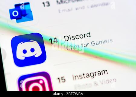 Discord App, icône d'application, affichage sur l'écran du téléphone mobile, smartphone, détails, remplissage de format Banque D'Images