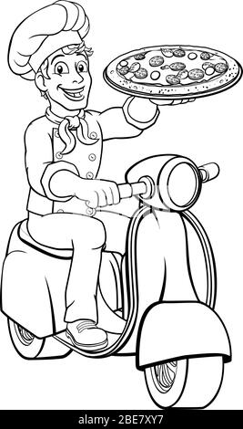 Livraison de pizza Chef cyclomoteur Scooter Homme Dessin Animé Illustration de Vecteur