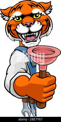 Poussoir de maintien Tiger Plumber Cartoon Mascot Illustration de Vecteur