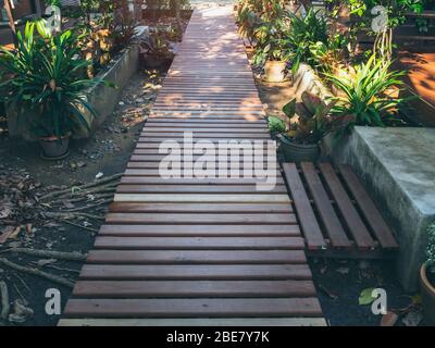 Passerelle en bois entre jardin vert dans la maison avec soleil le matin. Banque D'Images