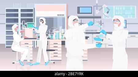 les scientifiques travaillent en équipe dans des tubes à essai de maintien uniforme dans des laboratoires médicaux chercheurs faisant des expériences chimiques moderne intérieur de laboratoire horizontal portrait illustration vectorielle Illustration de Vecteur