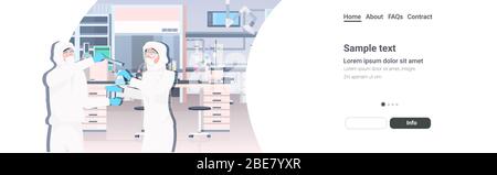 les scientifiques se couple en tubes à essai de maintien uniforme travaillant dans des laboratoires médicaux chercheurs faisant des expériences chimiques moderne intérieur de laboratoire horizontal portrait copie espace illustration vectorielle Illustration de Vecteur