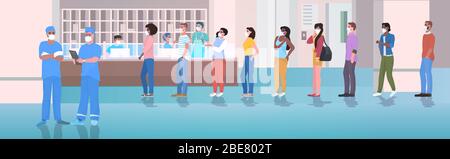 médecin et patients de race de mélange portant des masques pour empêcher les personnes pandémiques de coronavirus se tenant en file d'attente à la réception de l'hôpital clinique intérieure horizontale illustration vectorielle Illustration de Vecteur