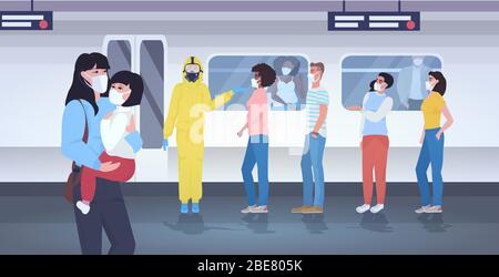 les personnes portant des masques médicaux pour empêcher le coronavirus covid-19 pandémie hommes femmes attendant le trait à la station de métro plate-forme horizontale pleine longueur illustration vectorielle Illustration de Vecteur