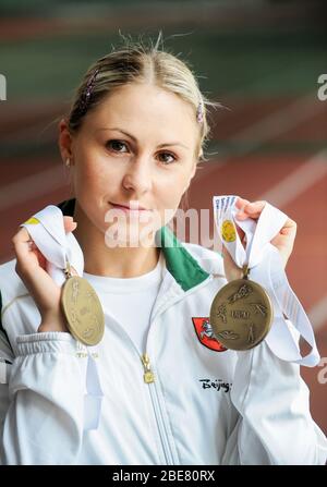 Laura Asadauskaitė-Zadneprovskienė - pentathléte lituanien. Champion olympique et mondial, trois fois athlète lituanien de l'année. Banque D'Images