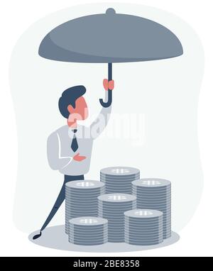 Concept de protection de l'argent. Sac de pièces sous un parapluie. Investissement sûr, assurance. Protection pour protéger les économies. Sécurité financière. Illustration de Vecteur